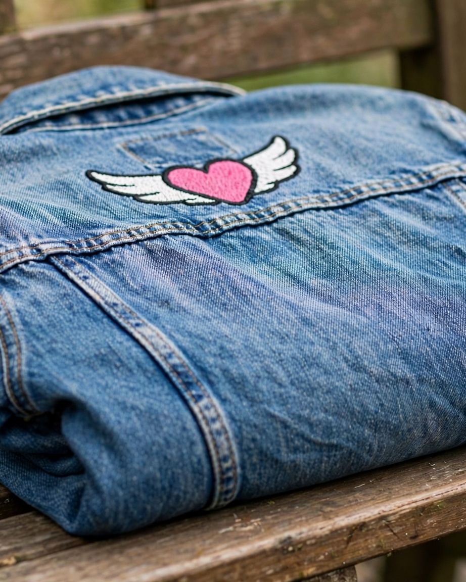 Winged Heart Machine Embroidery Design embroidered on a denim jacket