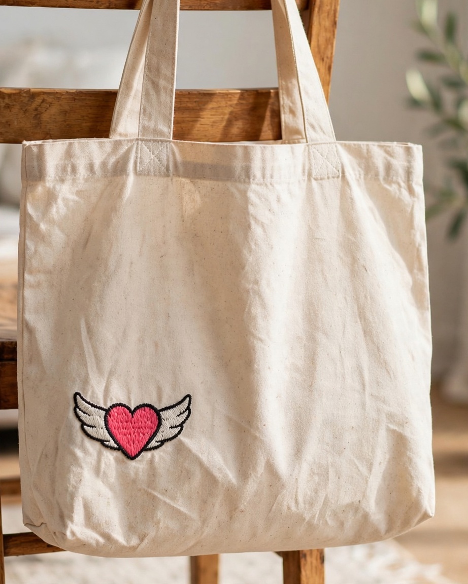 Winged Heart Machine Embroidery Design embroidered on a tote bag