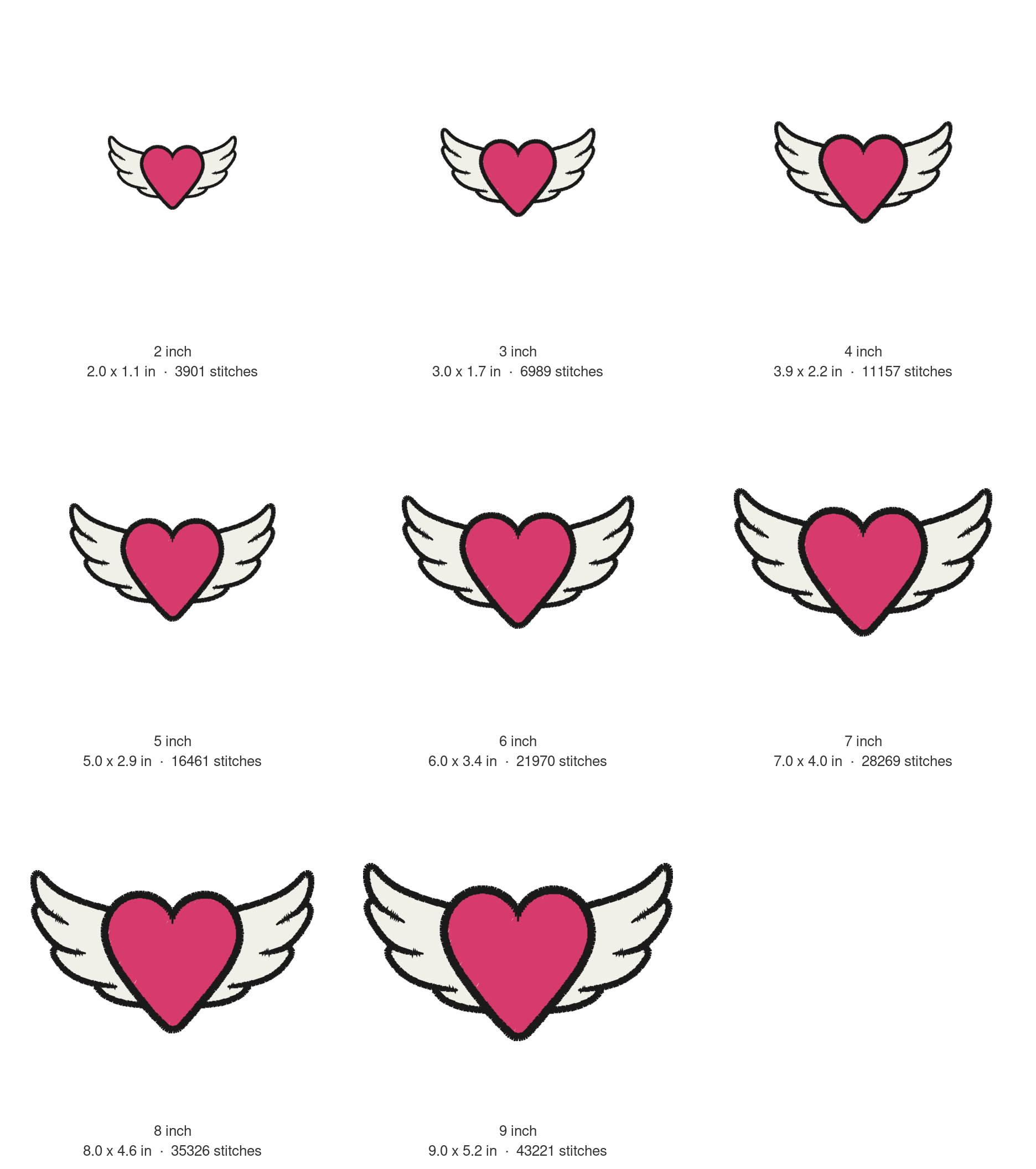 Winged Heart Machine Embroidery Design — size guide