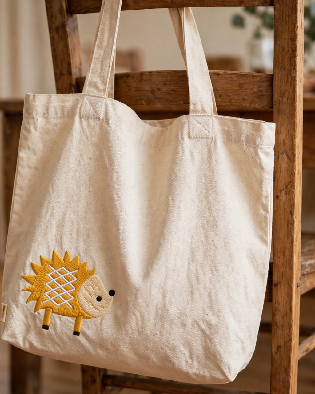 Woodland Hedgehog Machine Embroidery Design embroidered on a tote bag