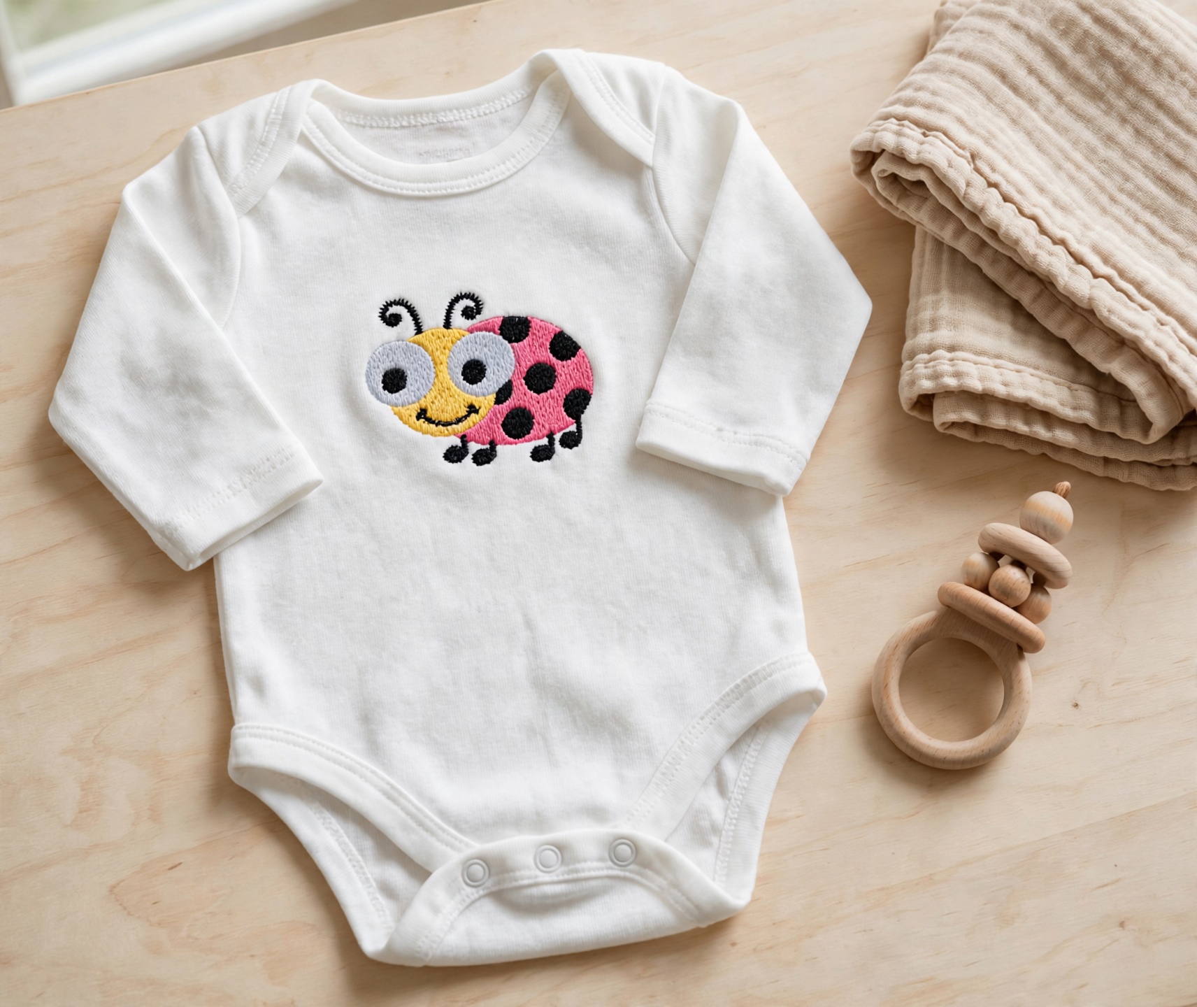 Cute Ladybug Machine Embroidery Design embroidered on a baby onesie