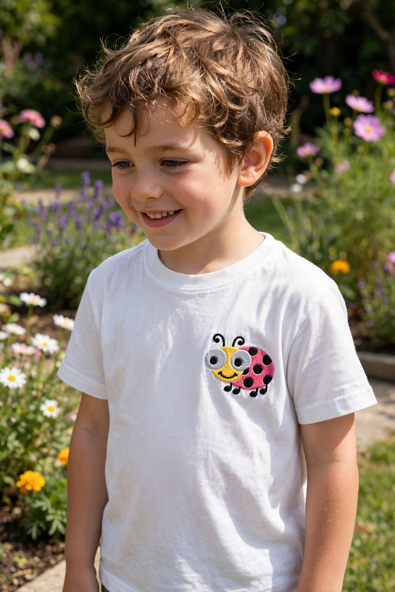 Cute Ladybug Machine Embroidery Design embroidered on a t-shirt