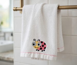 Cute Ladybug Machine Embroidery Design embroidered on a towel