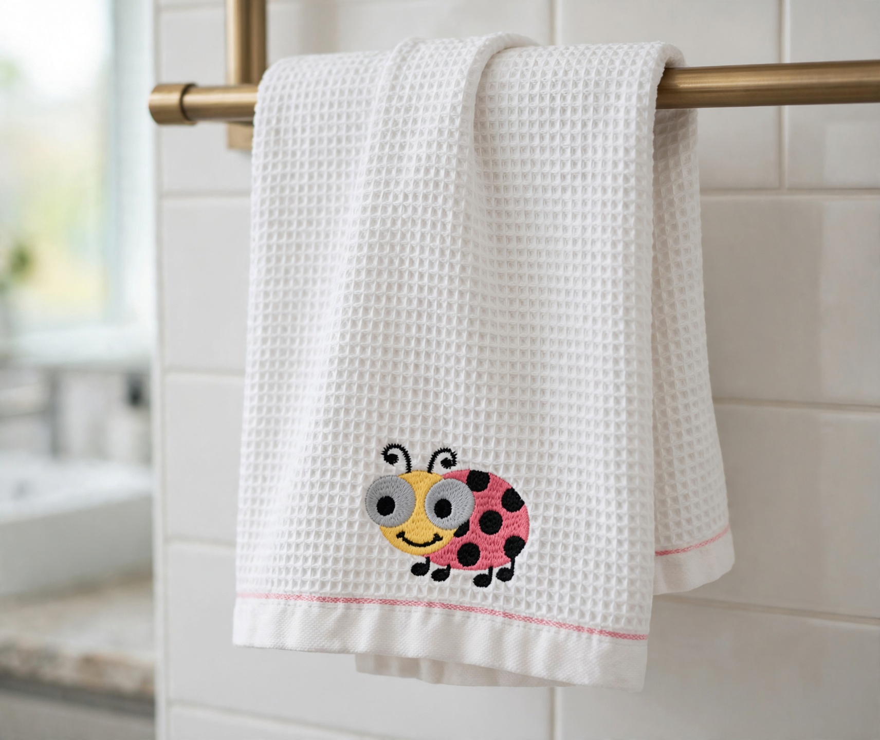 Cute Ladybug Machine Embroidery Design embroidered on a towel