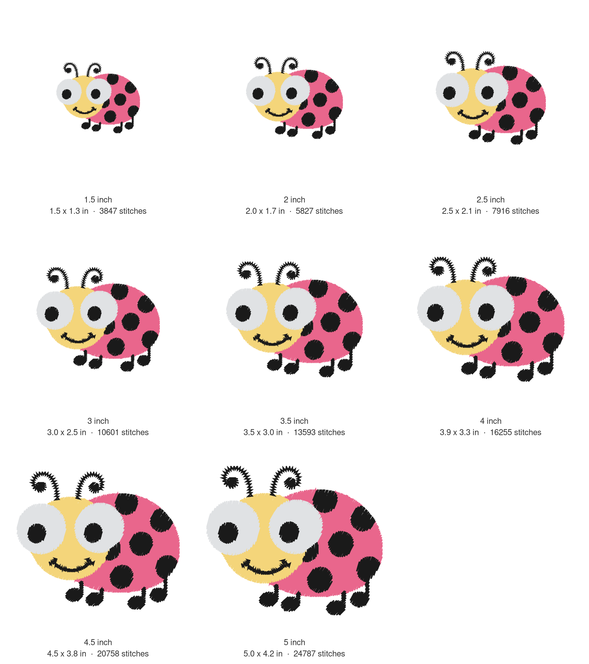Cute Ladybug Machine Embroidery Design — size guide
