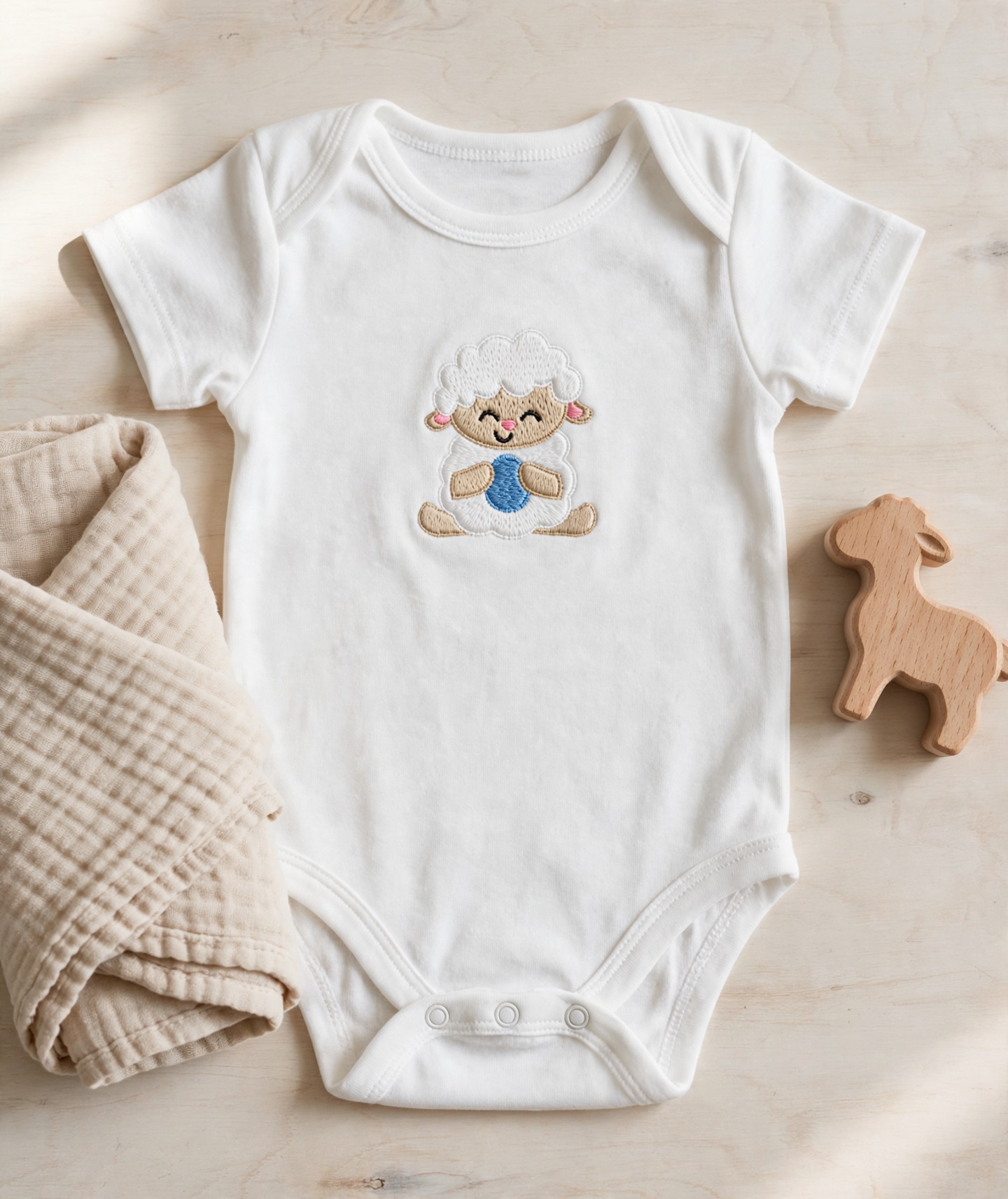Lamb With Egg Machine Embroidery Design embroidered on a baby onesie