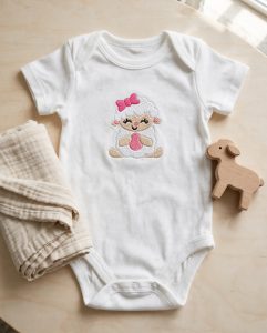 Lamb With Egg & Bow Machine Embroidery Design embroidered on a baby onesie