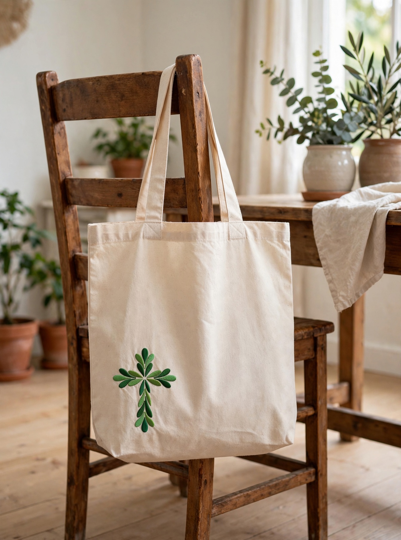 Leaf Cross Machine Embroidery Design embroidered on a tote bag