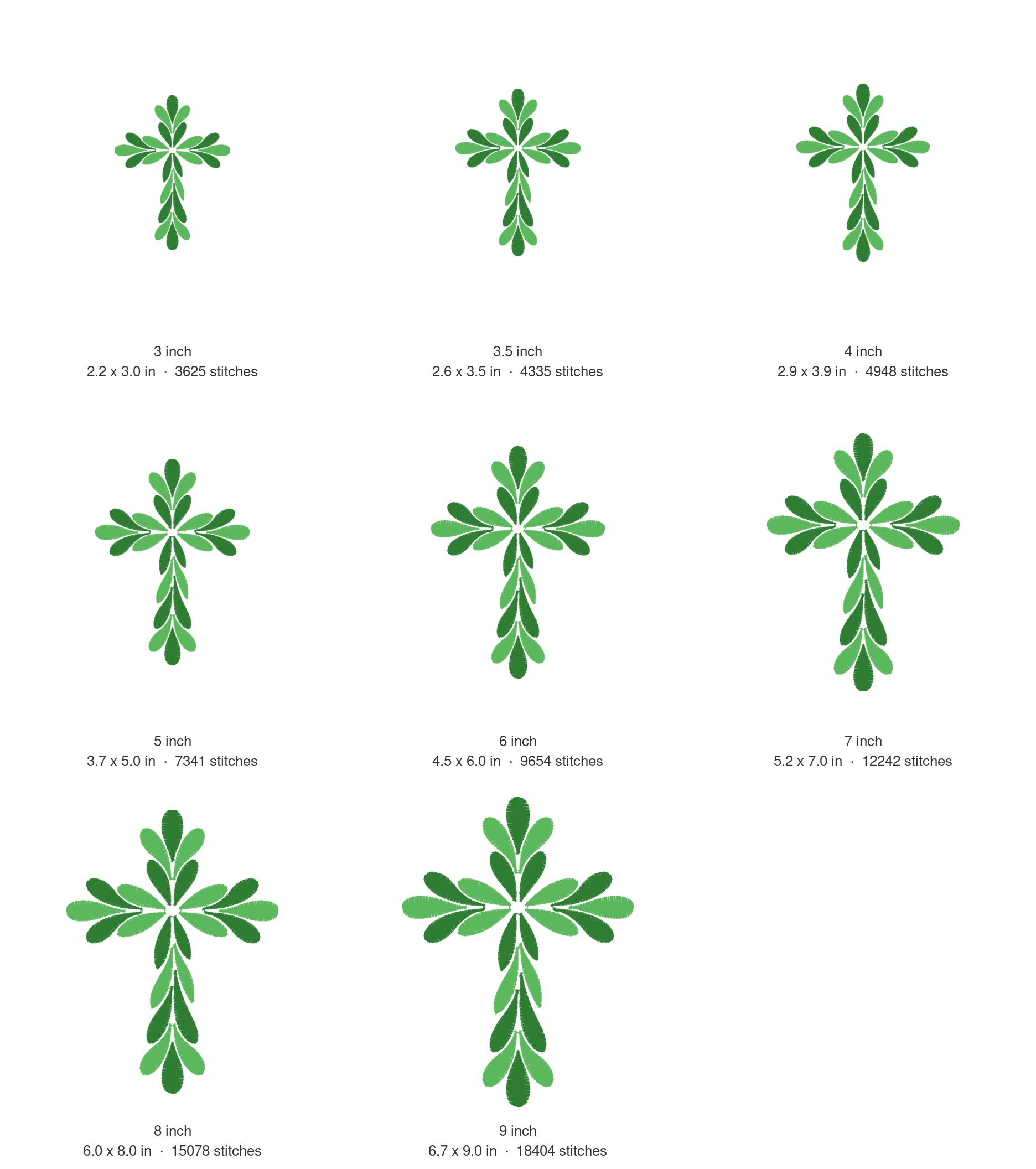 Leaf Cross Machine Embroidery Design — size guide