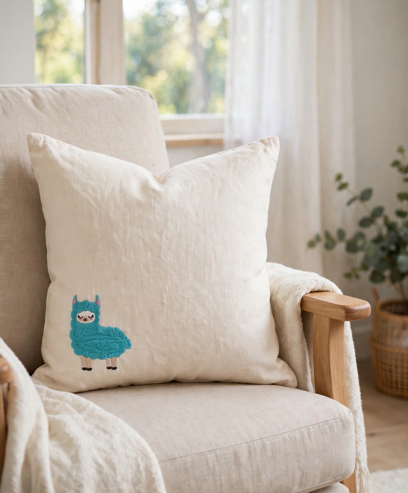 Llama Machine Embroidery Design embroidered on a pillow