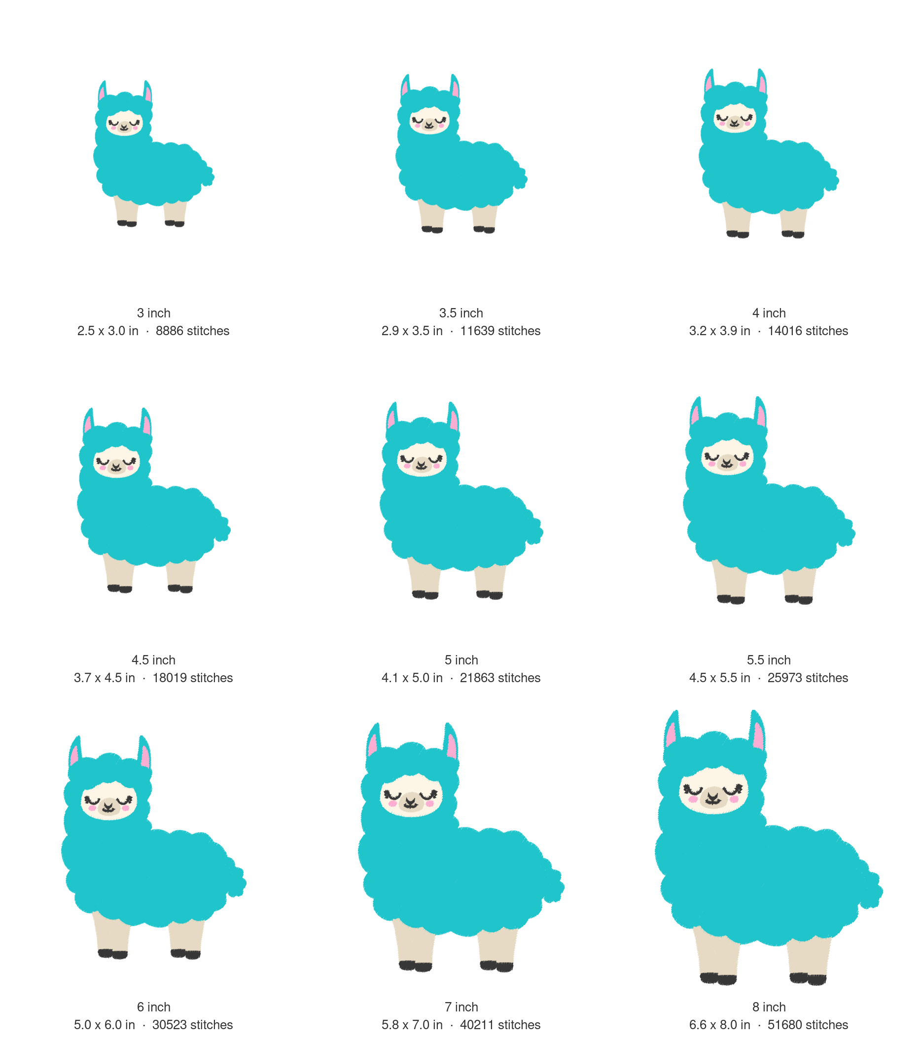 Llama Machine Embroidery Design — size guide