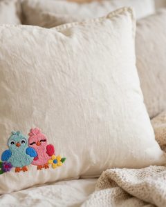 Lovebirds Machine Embroidery Design embroidered on a pillow
