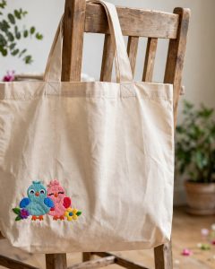 Lovebirds Machine Embroidery Design embroidered on a tote bag