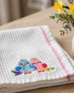 Lovebirds Machine Embroidery Design embroidered on a towel