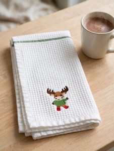 Moose in a Sweater Machine Embroidery Design embroidered on a towel
