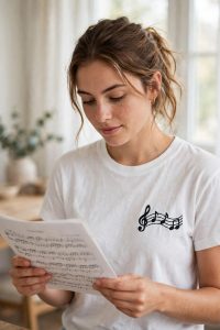 Music Notes Machine Embroidery Design embroidered on a t-shirt