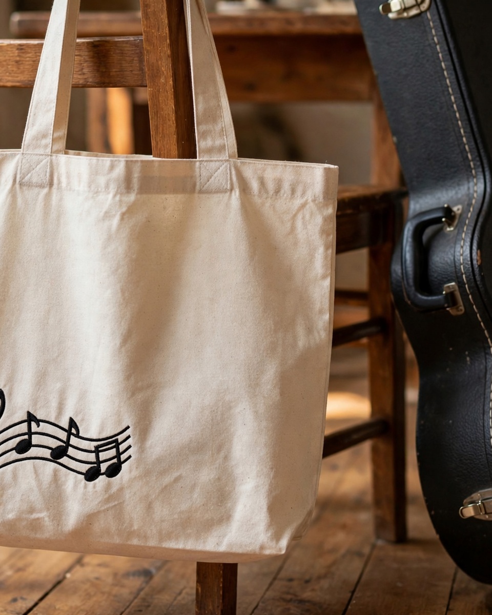 Music Notes Machine Embroidery Design embroidered on a tote bag