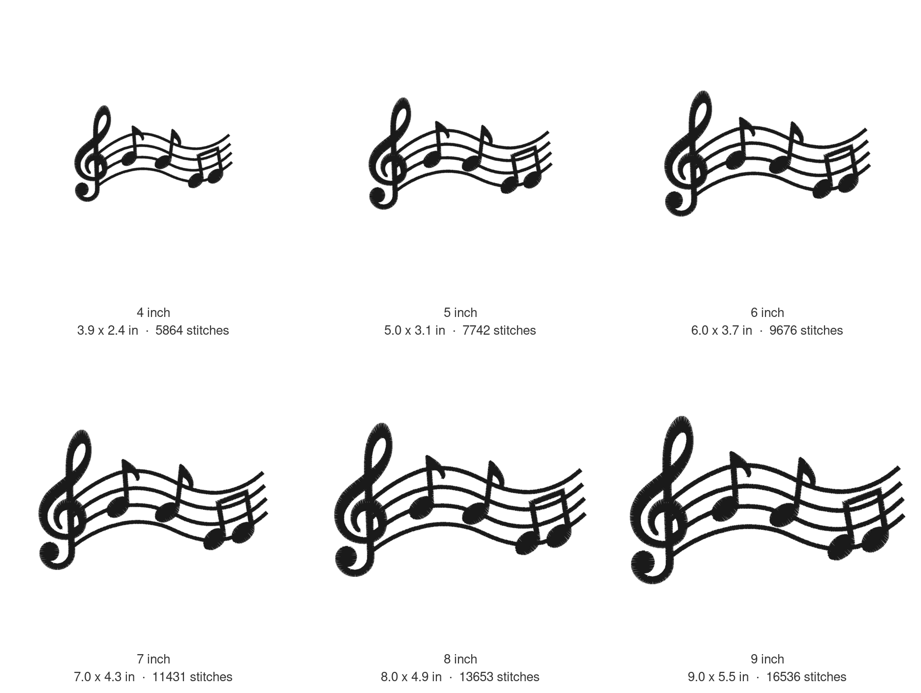Music Notes Machine Embroidery Design — size guide