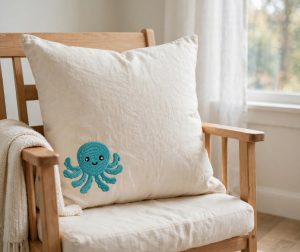Cute Octopus Machine Embroidery Design embroidered on a pillow