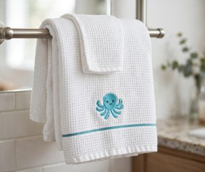 Cute Octopus Machine Embroidery Design embroidered on a towel