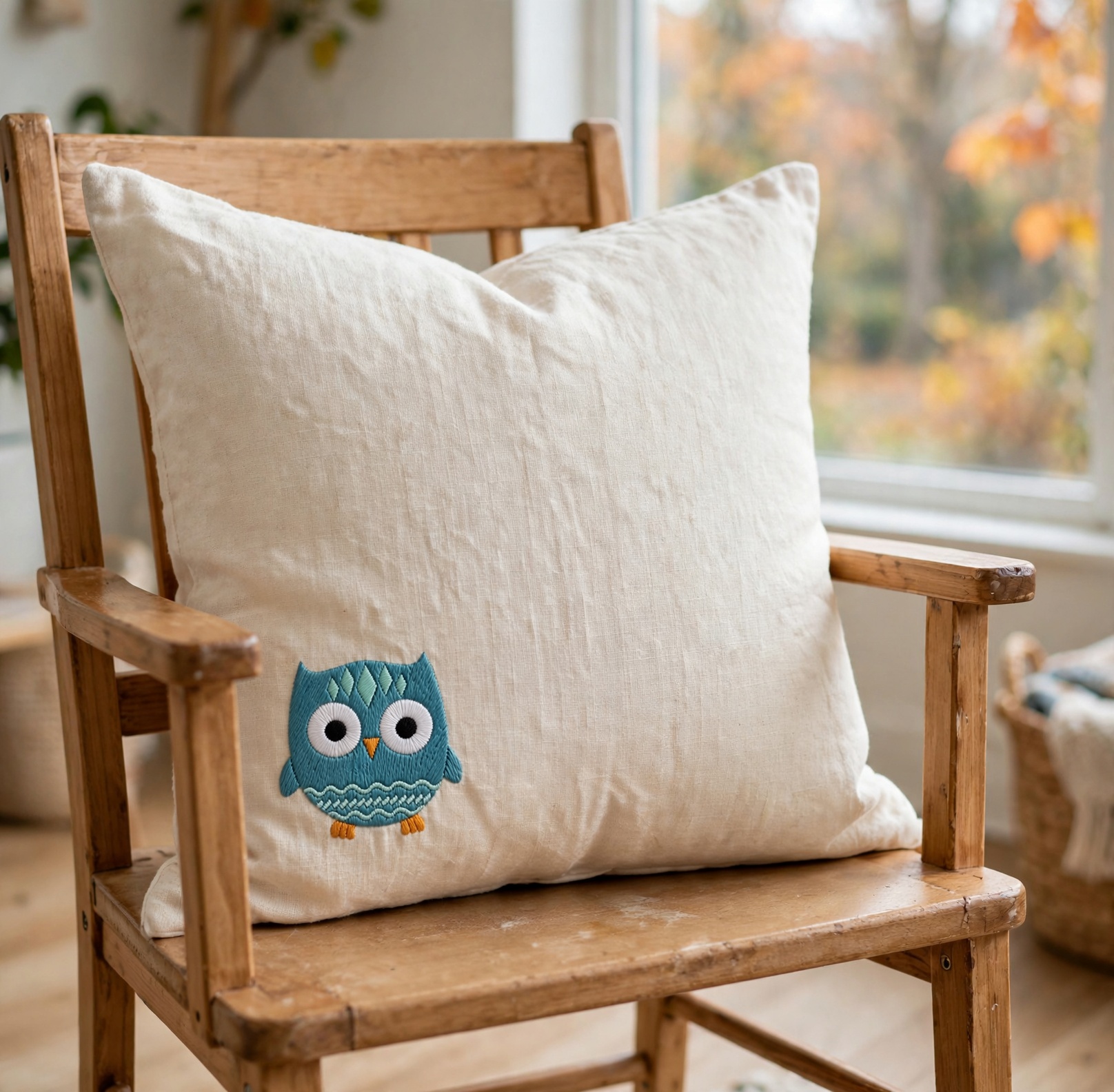 Woodland Owl Machine Embroidery Design embroidered on a pillow