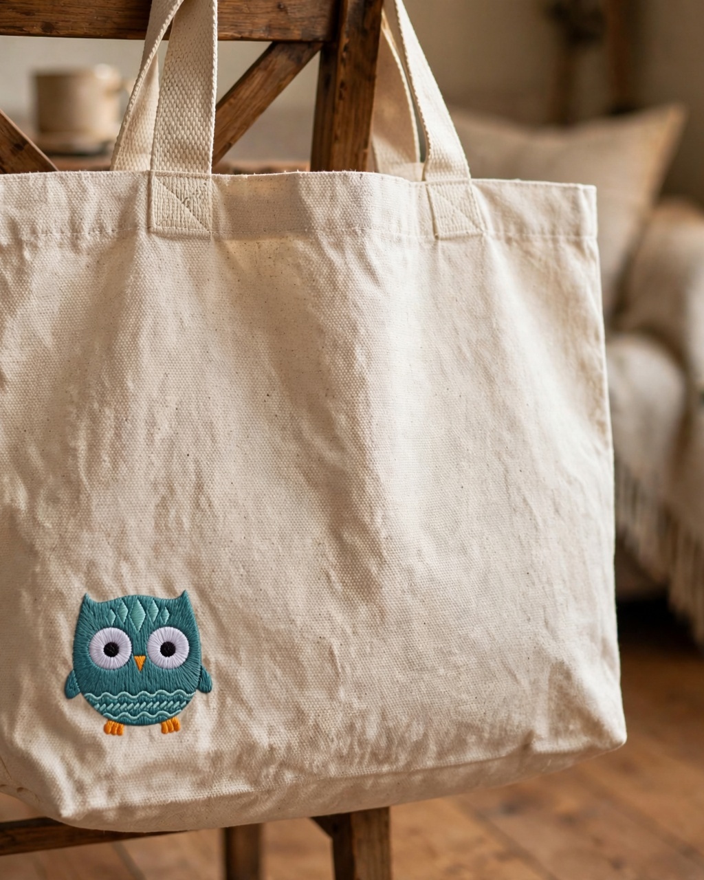 Woodland Owl Machine Embroidery Design embroidered on a tote bag