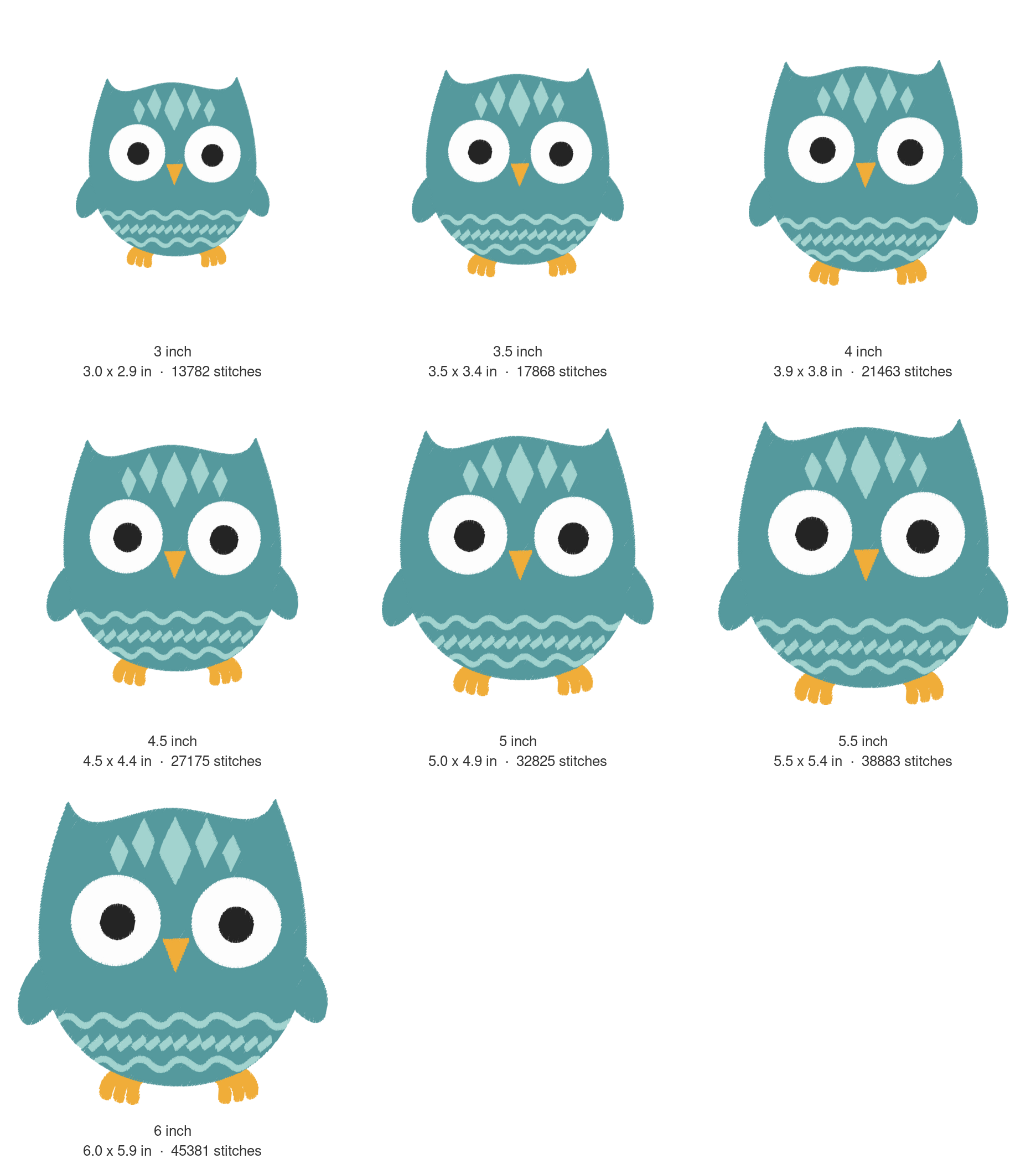 Woodland Owl Machine Embroidery Design — size guide