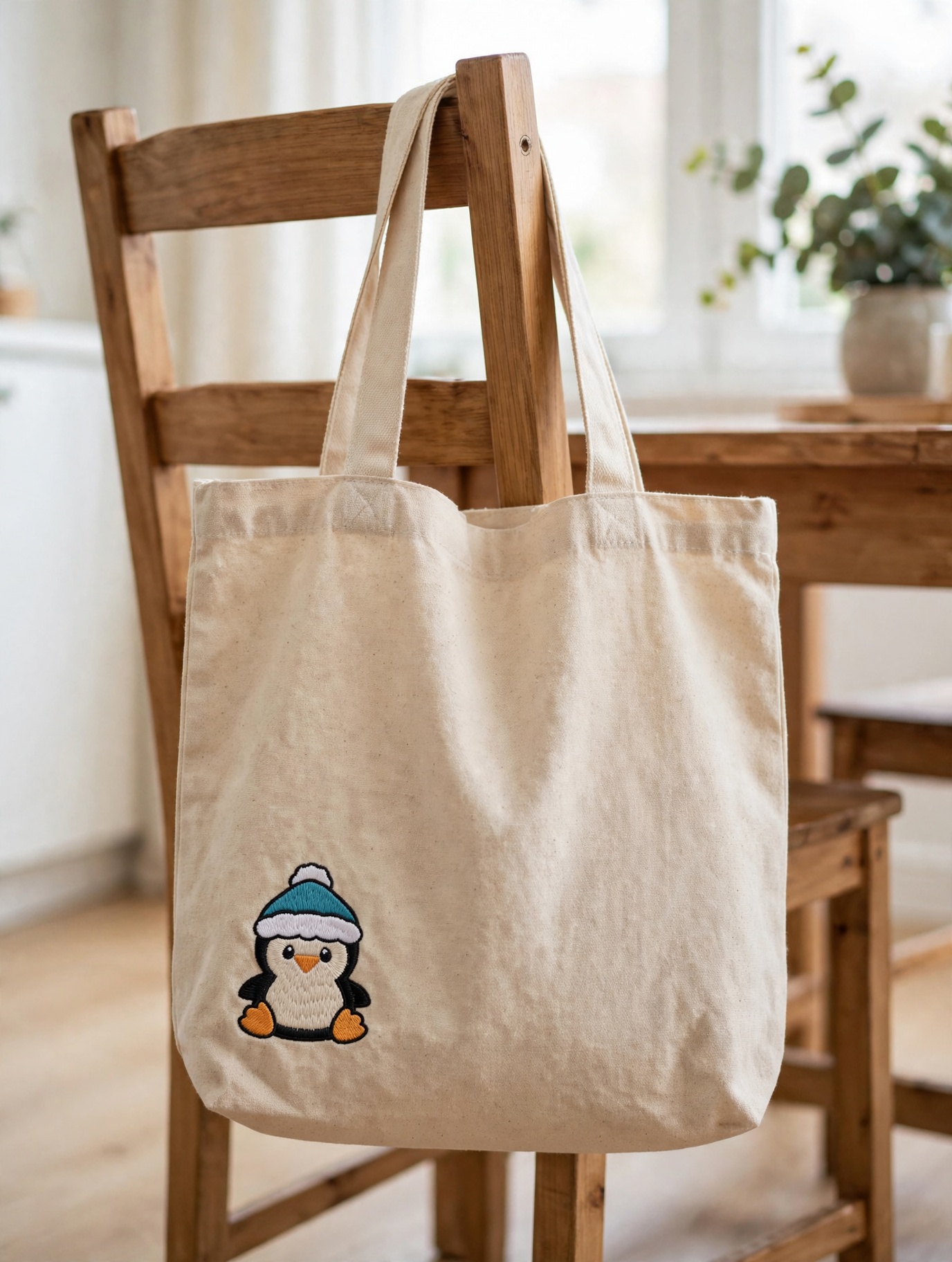 Cute Penguin Machine Embroidery Design embroidered on a tote bag