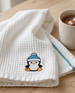 Cute Penguin Machine Embroidery Design embroidered on a towel