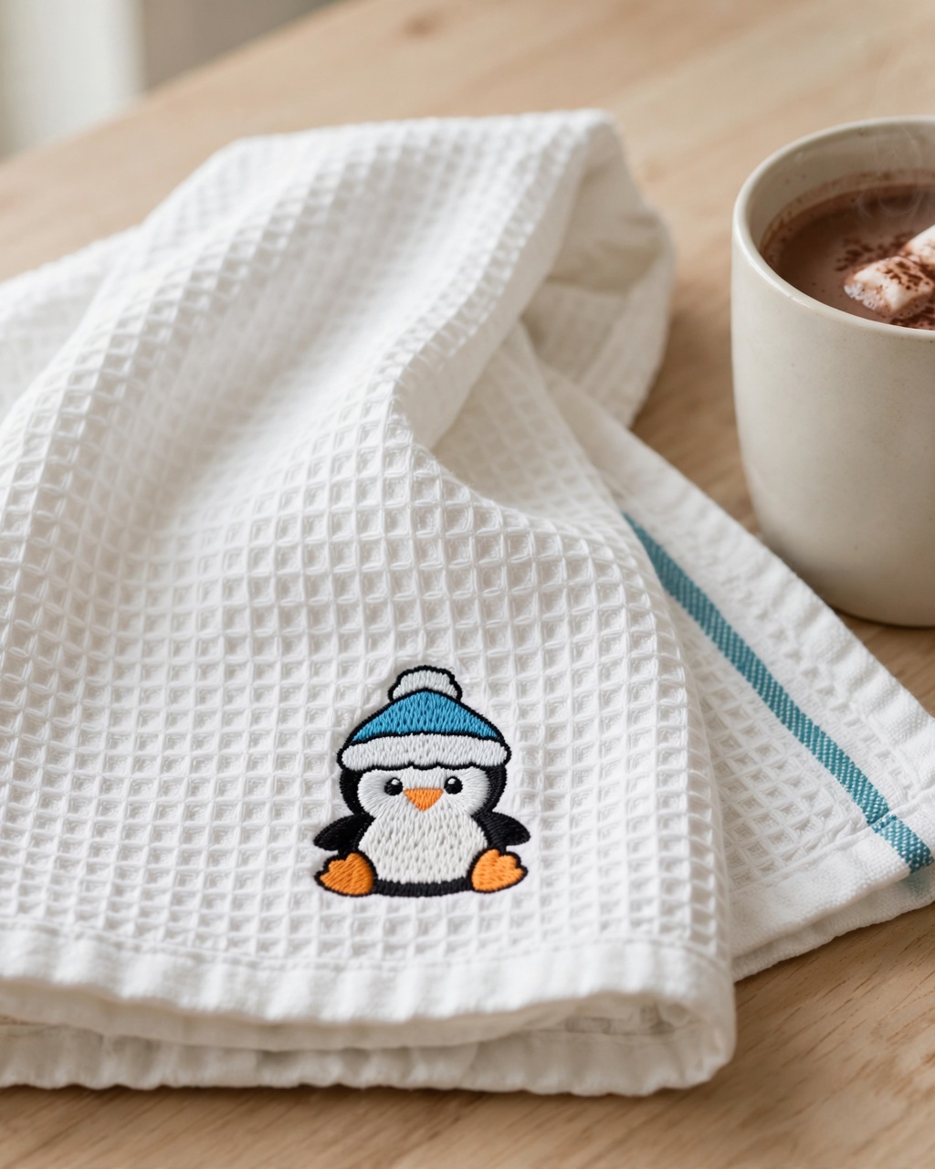 Cute Penguin Machine Embroidery Design embroidered on a towel