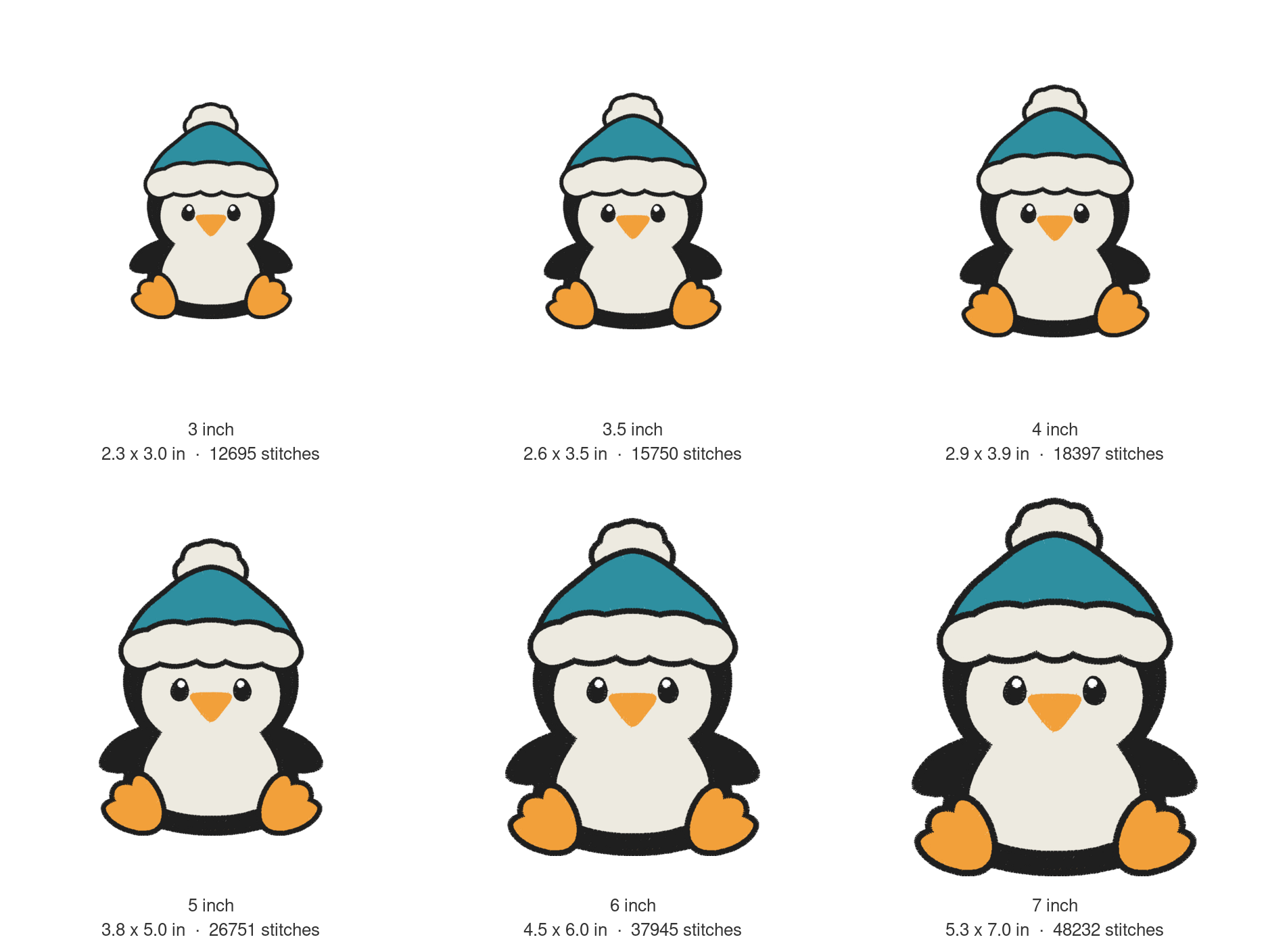 Cute Penguin Machine Embroidery Design — size guide