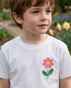 Pink Flower Machine Embroidery Design embroidered on a t-shirt