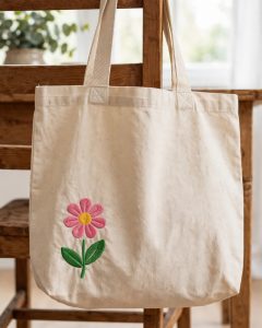Pink Flower Machine Embroidery Design embroidered on a tote bag