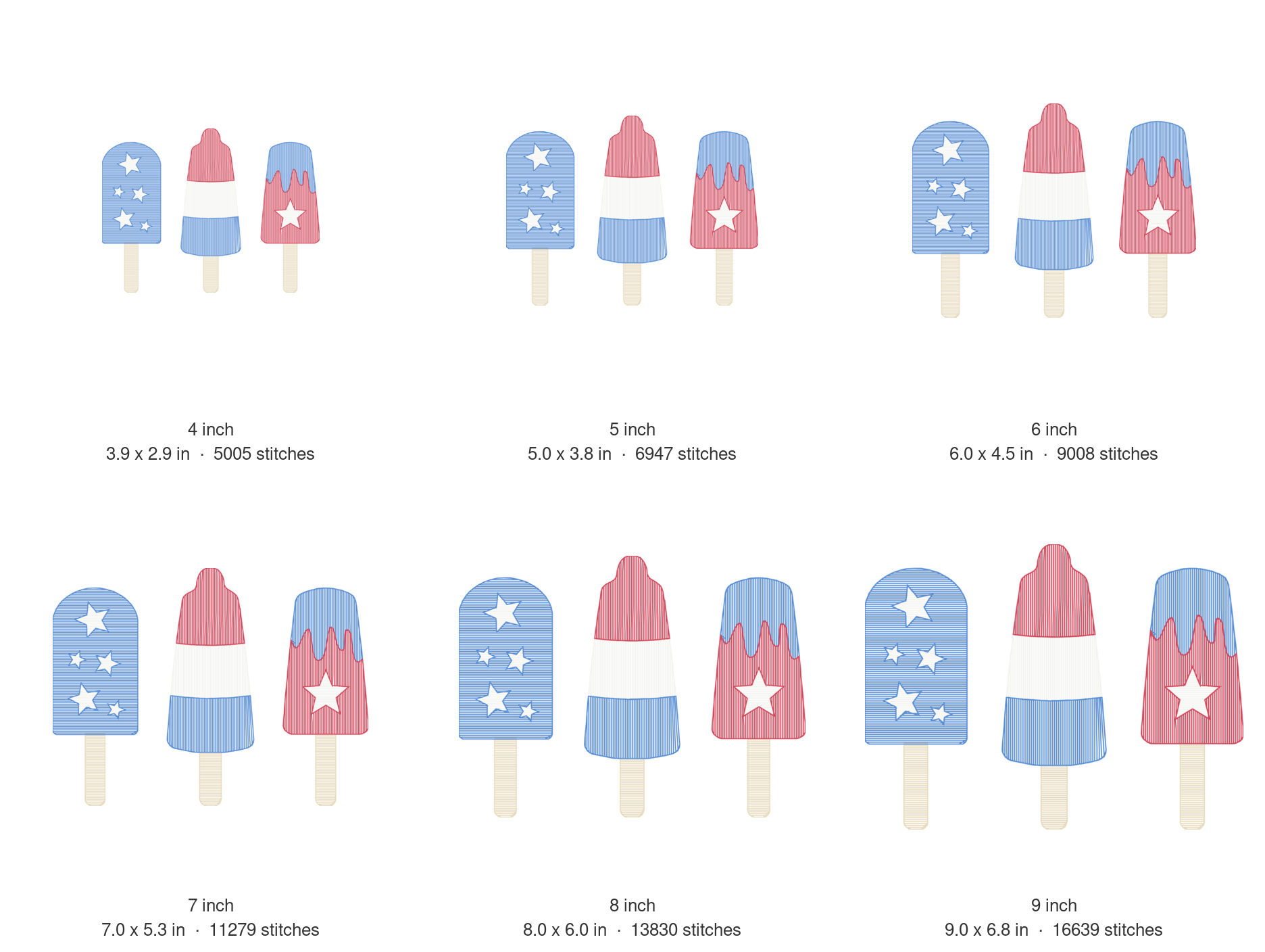 Sketch Popsicle Trio Machine Embroidery Design — size guide