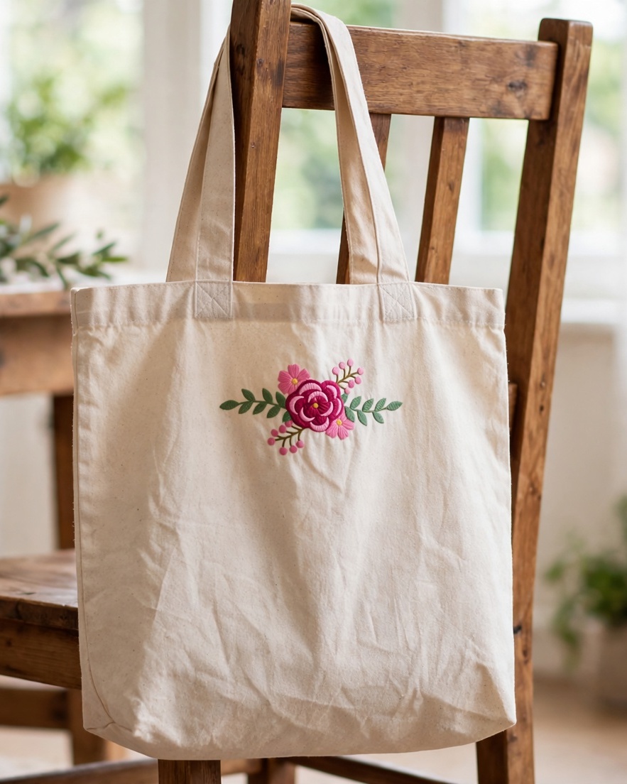 Pretty Flowers Machine Embroidery Design embroidered on a tote bag