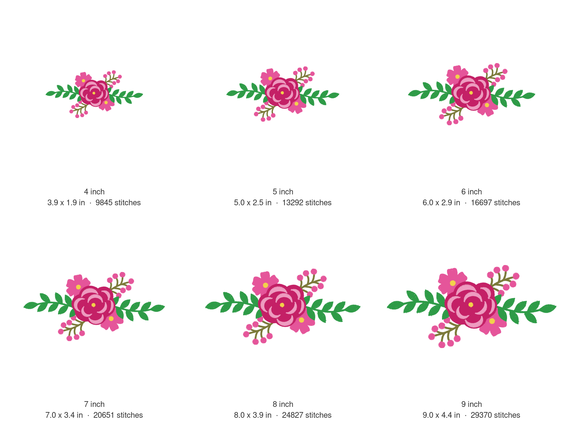 Pretty Flowers Machine Embroidery Design — size guide