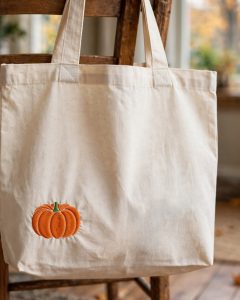 Cute Pumpkin Machine Embroidery Design embroidered on a tote bag