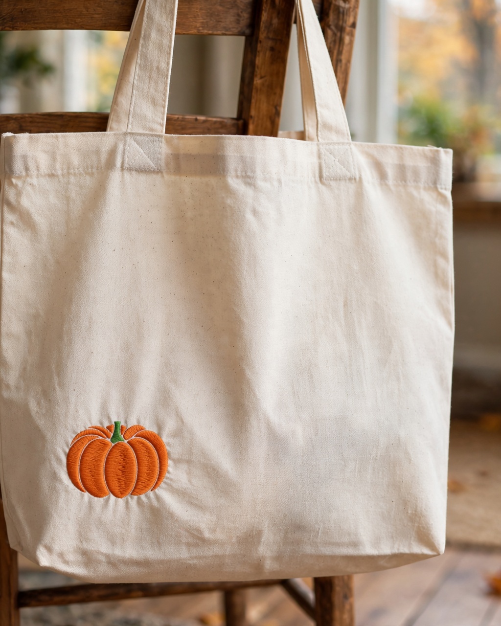 Cute Pumpkin Machine Embroidery Design embroidered on a tote bag