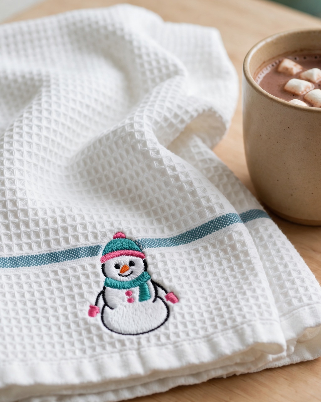 Cute Snowman Machine Embroidery Design embroidered on a towel
