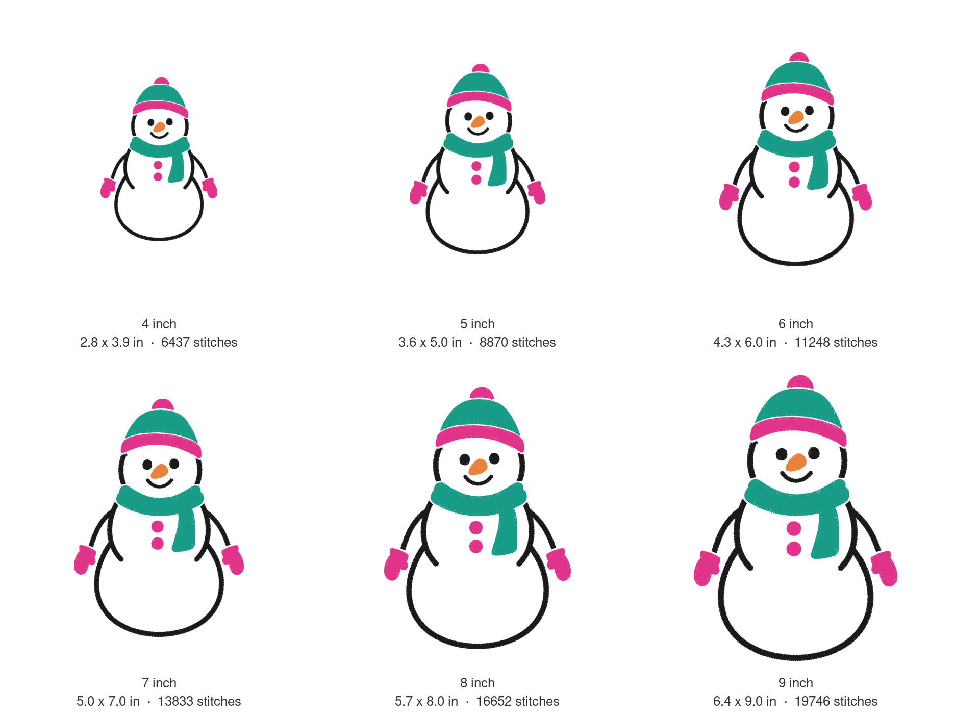 Cute Snowman Machine Embroidery Design — size guide