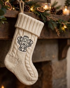 Swirly Angel Machine Embroidery Design embroidered on a stocking