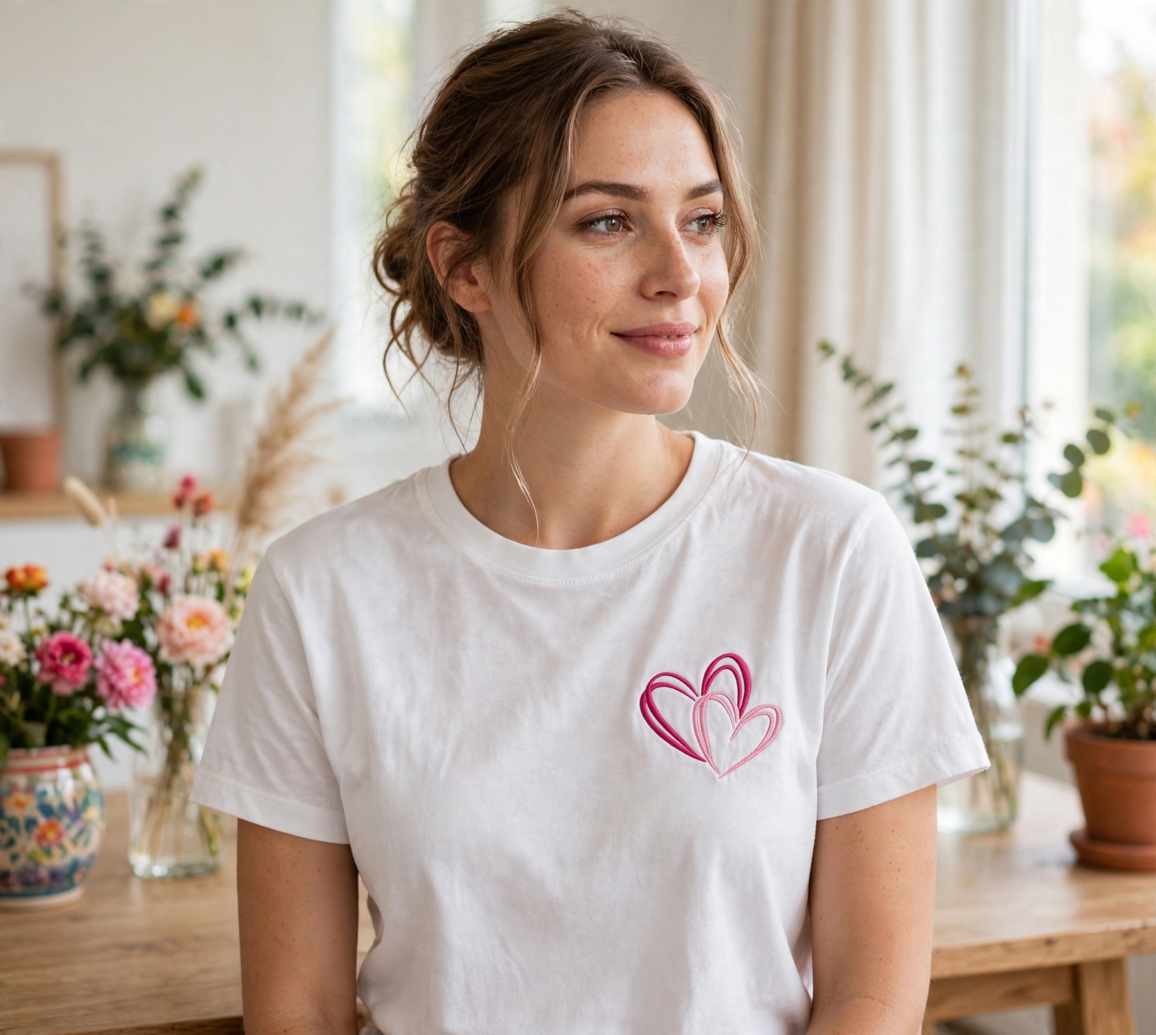 Two Hearts Machine Embroidery Design embroidered on a t-shirt
