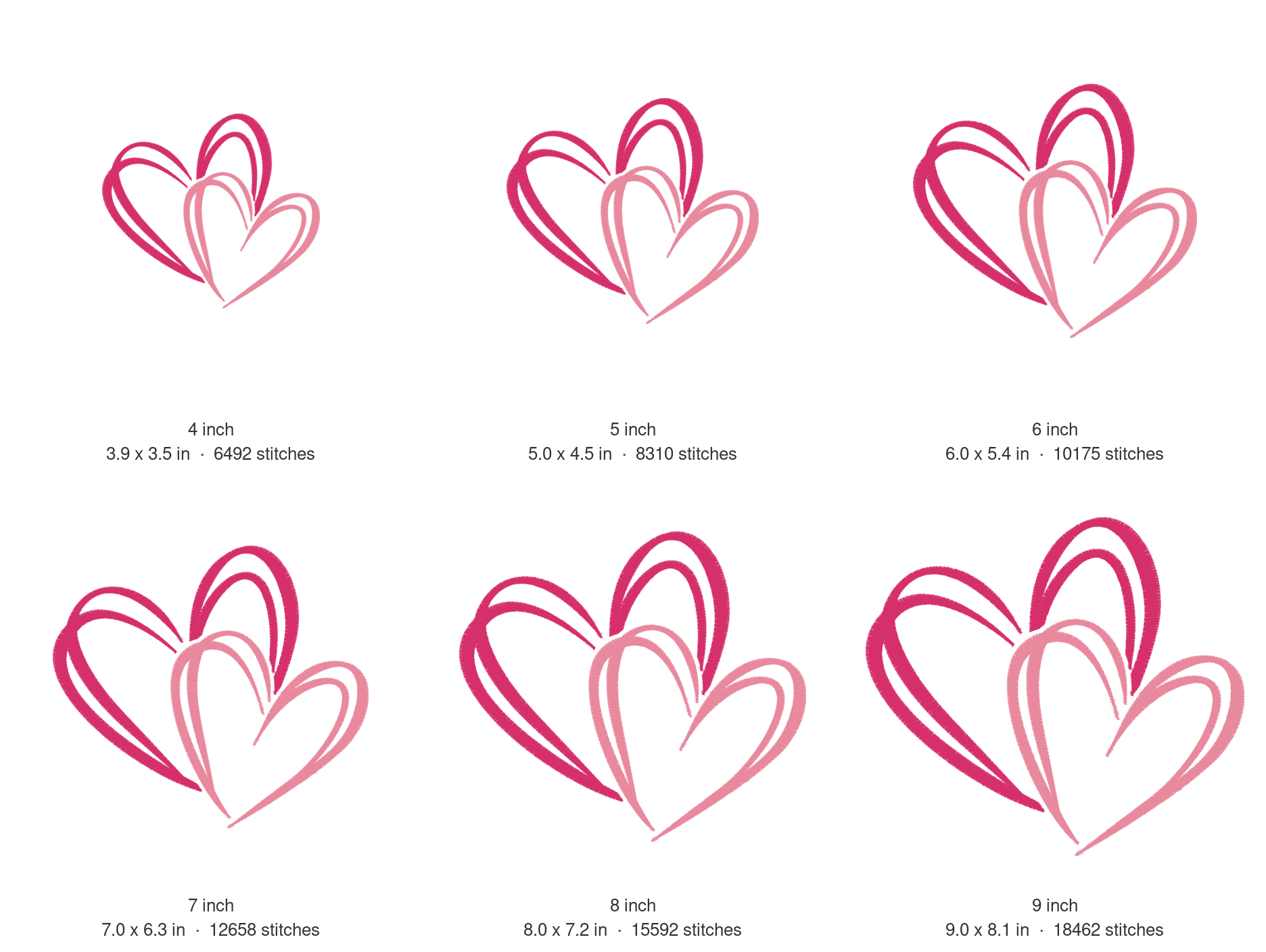 Two Hearts Machine Embroidery Design — size guide