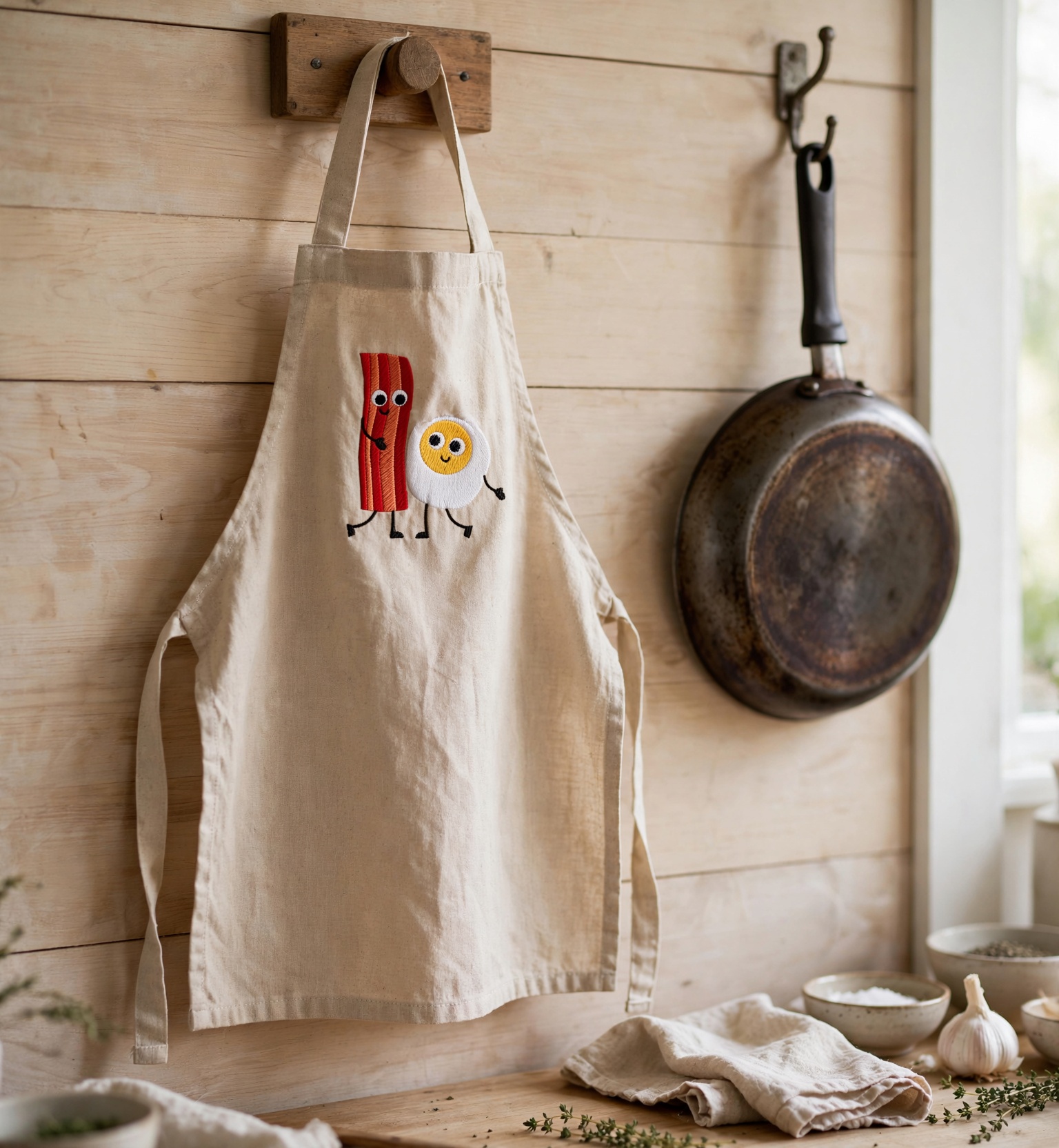 Bacon and Egg Machine Embroidery Design embroidered on a apron