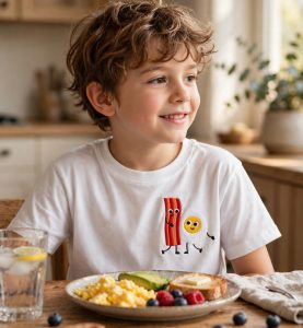 Bacon and Egg Machine Embroidery Design embroidered on a t-shirt