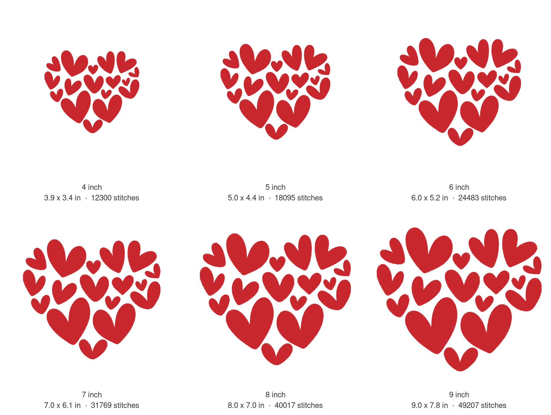 Heart of Hearts Machine Embroidery Design — size guide