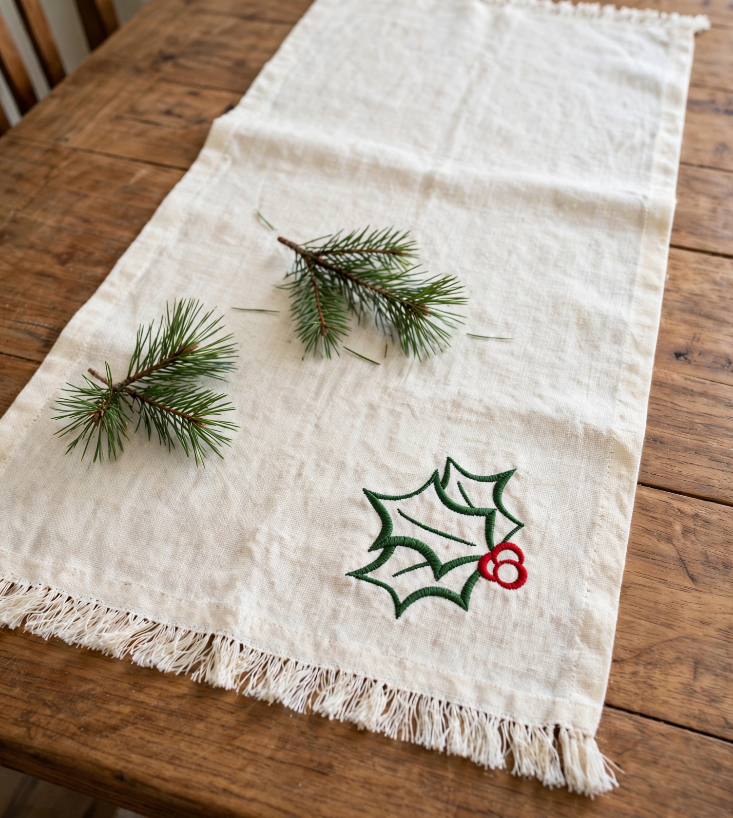 Holly Leaf Machine Embroidery Design embroidered on a table runner