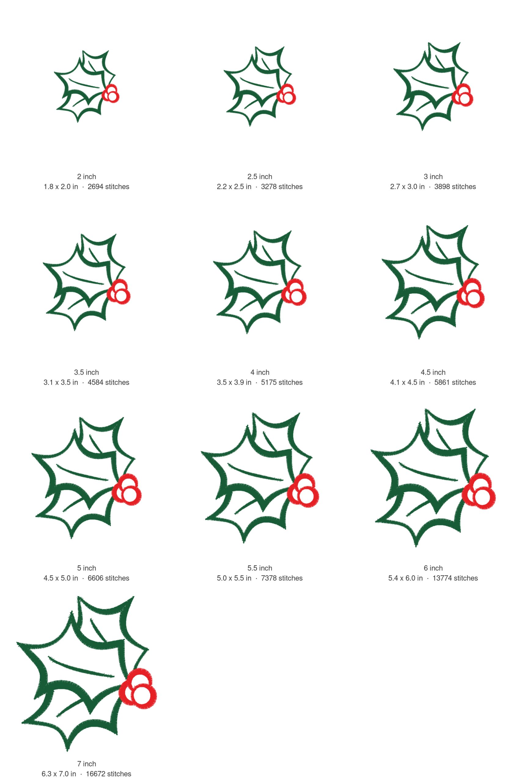 Holly Leaf Machine Embroidery Design — size guide