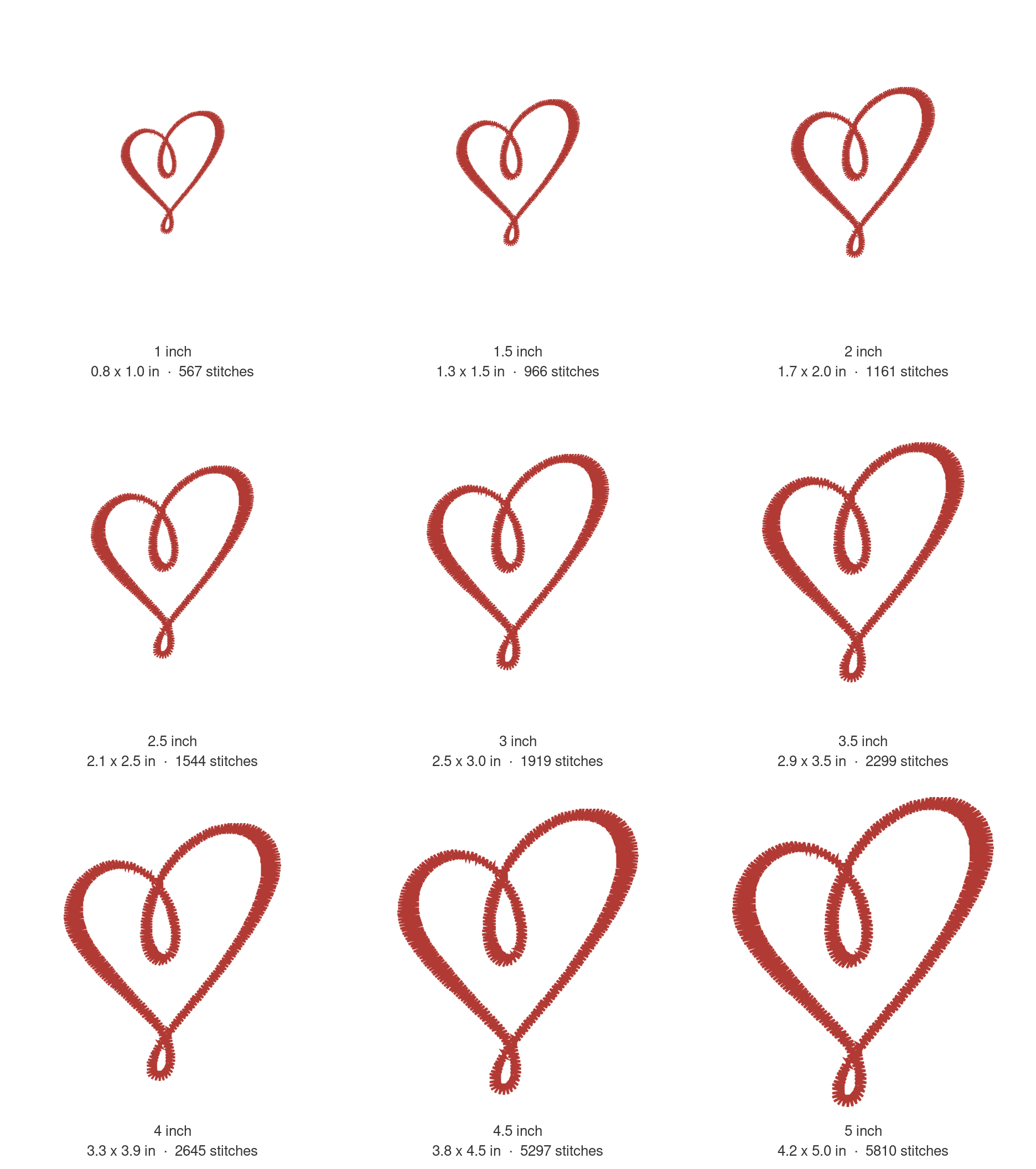 Loopy Heart Machine Embroidery Design — size guide