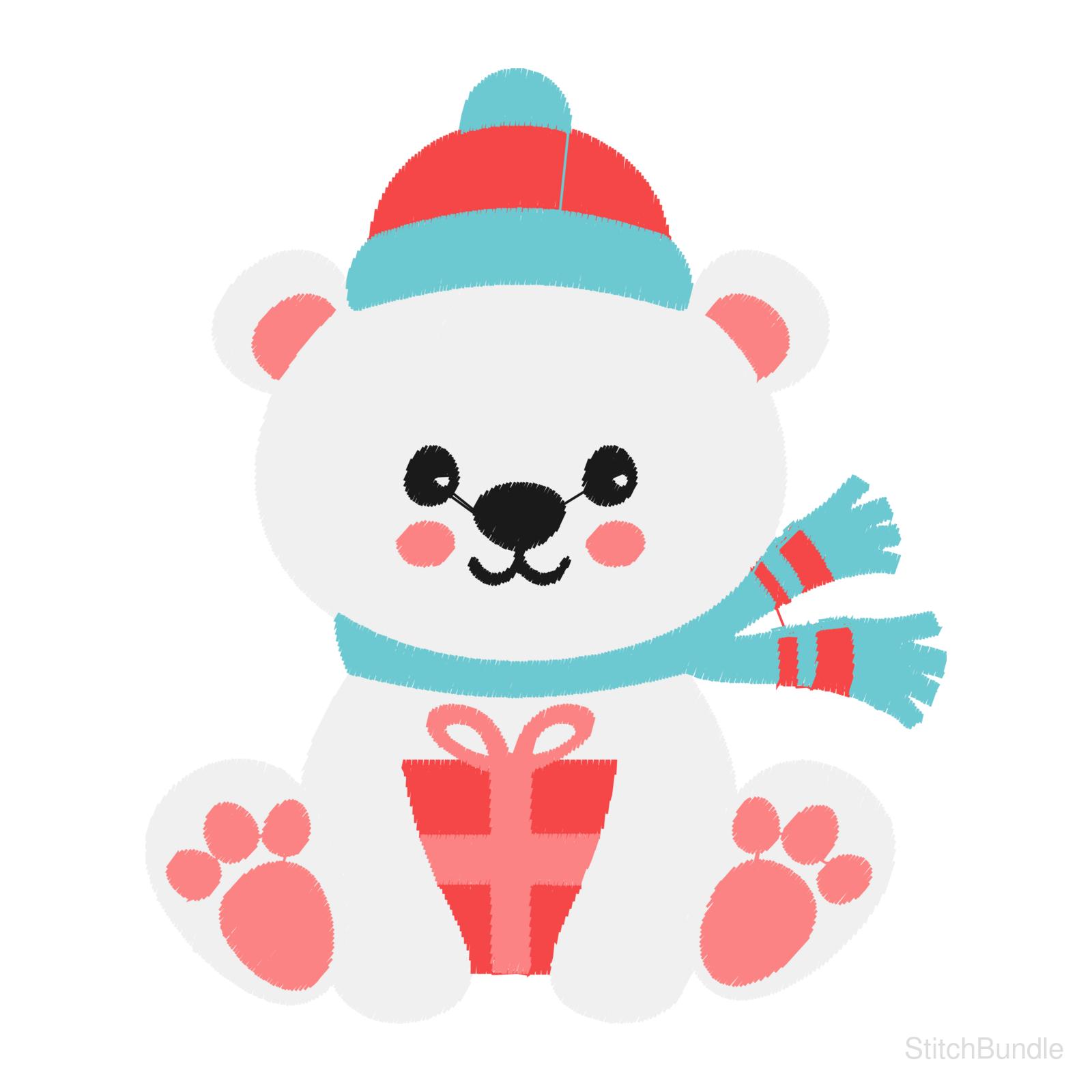 Polar Bear with Present Machine Embroidery Design — design preview